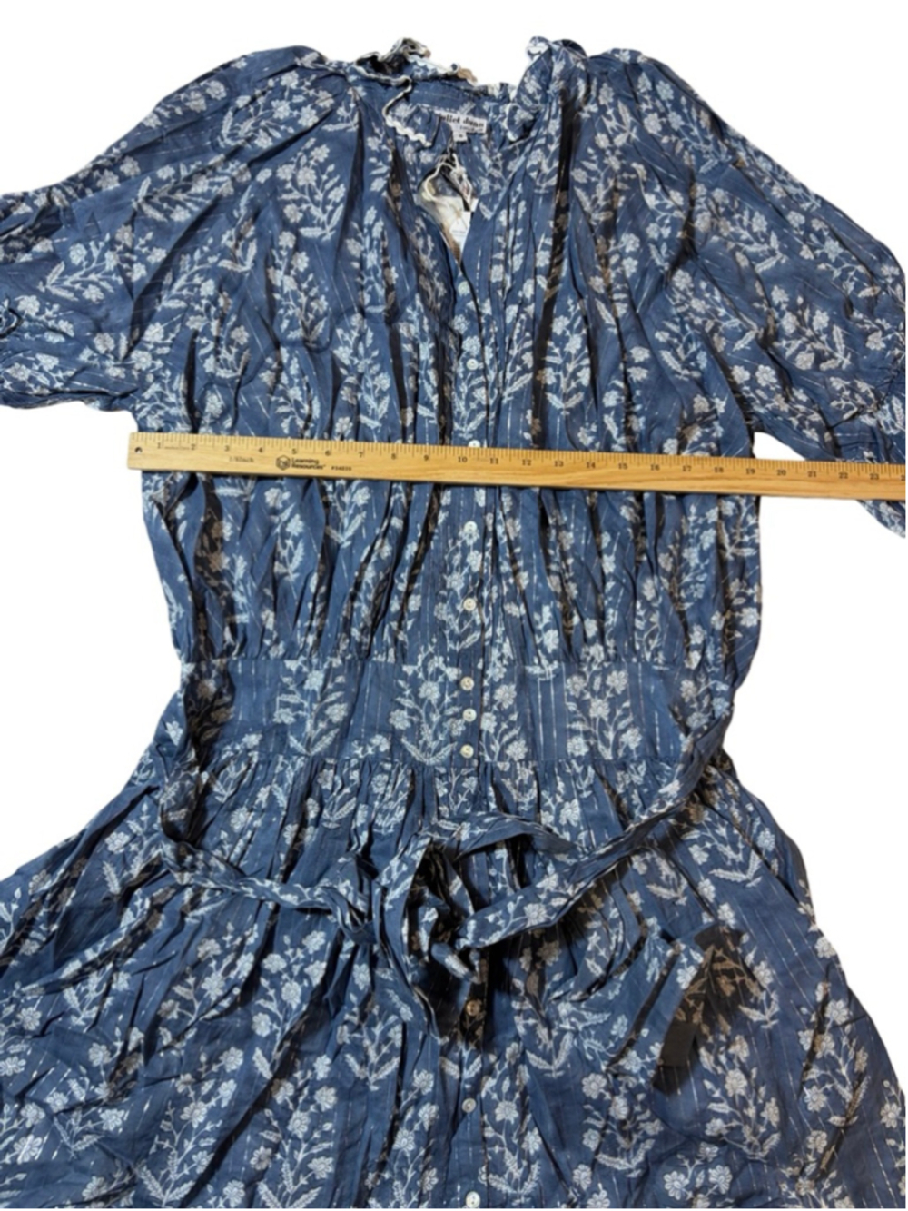Juliet Dunn Blue Floral Block Print Blouson Dress Metallic Resort Nwt — image 3 of 8